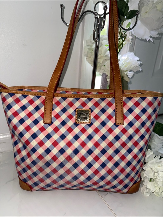Dooney & Bourke Handbags - Dooney & Bourke Red Navy Check Tote with Tan Leather Trim